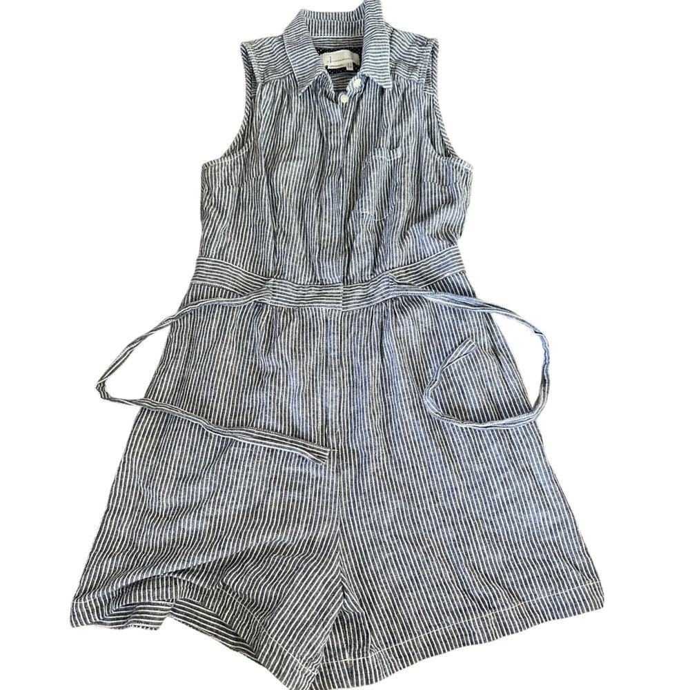 Anthropologie Women's Blue & White Railroad Stripe Collared Romper Size 4 - Picture 4 of 12